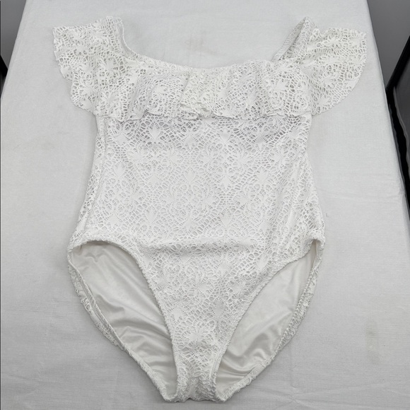 Lauren Ralph Lauren Swimsuit Wm 14 White Lace Off the Shoulder One Piece Ruffle - Picture 1 of 8